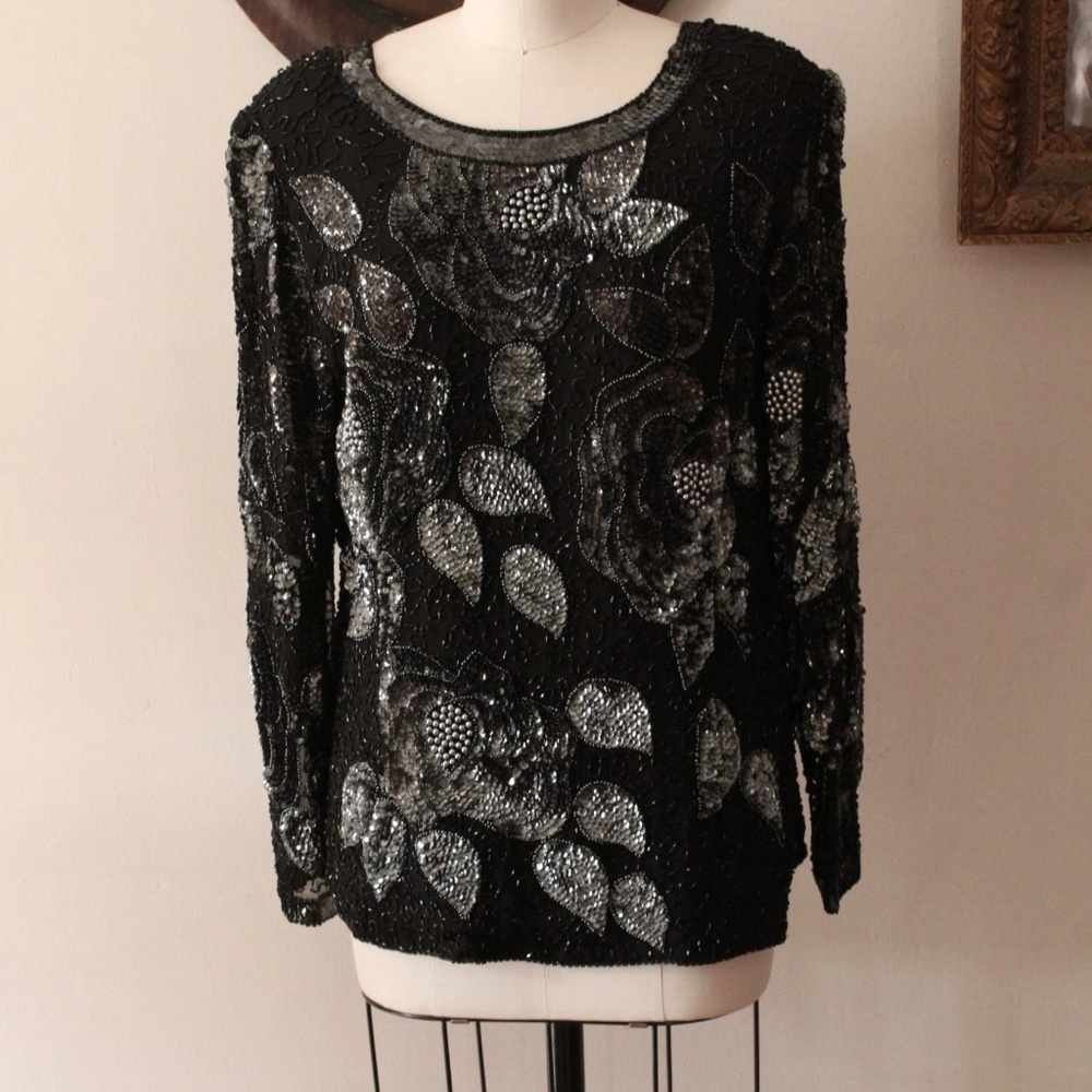 1980's Oleg Cassini Black and Silver Beaded Long Sleeve Blouse
